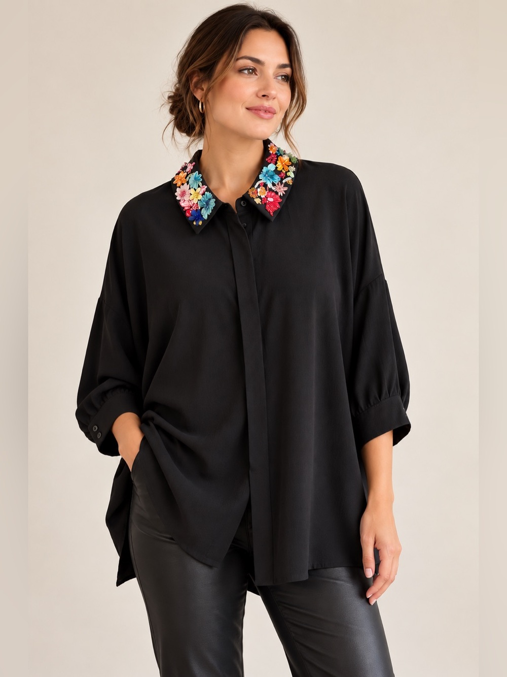 Machka Embellished Floral Collar Oversized Black Shirt | Size 38